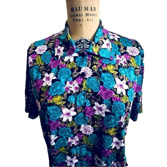 Vintage Bobby Chan Purple and Turquoise Floral Silk Blend Polo Shirt Size XL - Picture 2 of 9